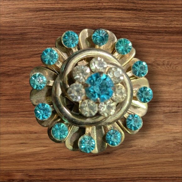 Vintage Floral Brooch  Blue & Clear Rhinestones Retro  Jewelry Pin Gold tone - Picture 1 of 6